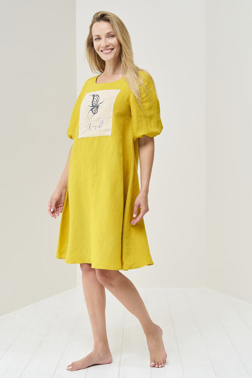 Image 2 of Printed linen dress with half length sleeves & bubble sleeves Madre from Baltic Linen